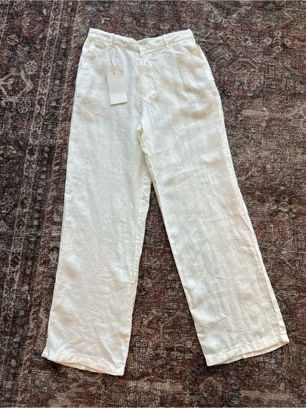 NWT Zara 100% White Linen Pants Size Small Beach Casual Summer Trendy Viral